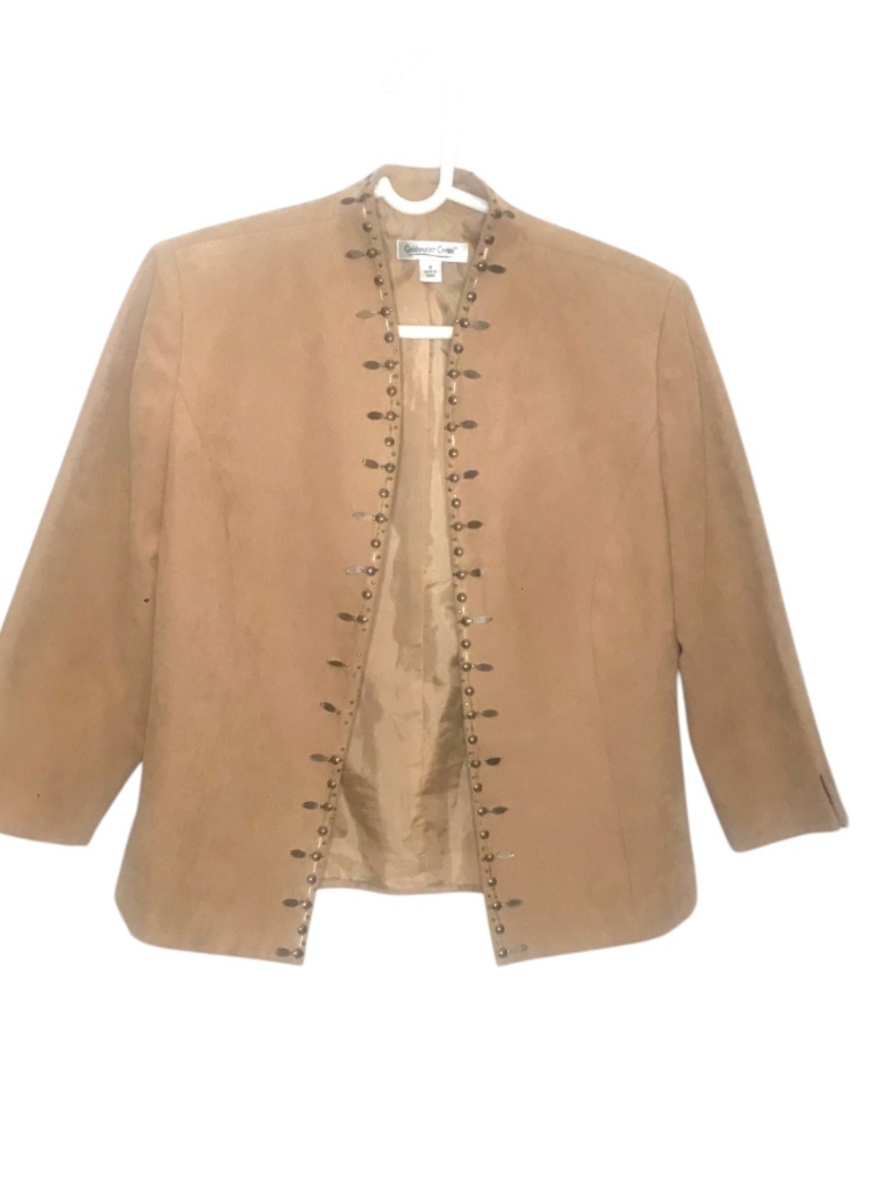 Tan Faux Suede Jacket Size 8 Beaded Trim Open Front Boho Western Medium
